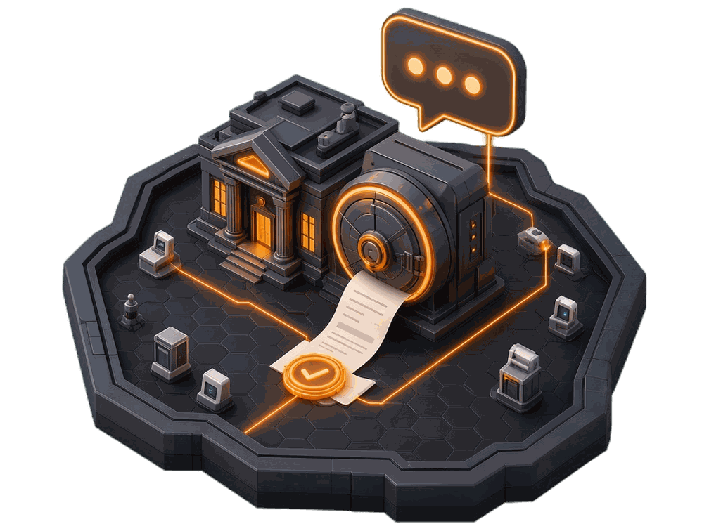 Illustration: an isometric bank branch and vault on a dark platform, with a chat bubble above and a receipt stamped with a glowing orange seal